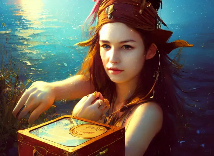 Image similar to full body picture of a pirate girl, looking at the treasure box, hard breathing, messy hair, very excited, coveted, sparkling eyes, magic and fantasy, whale monsters, beautiful and aesthetic and attractive and detailed face, specular reflection, occlusion shadow, intricate, bokeh, masterpiece, by ilya kuvshinov and jeremy lipking and quentin mabille