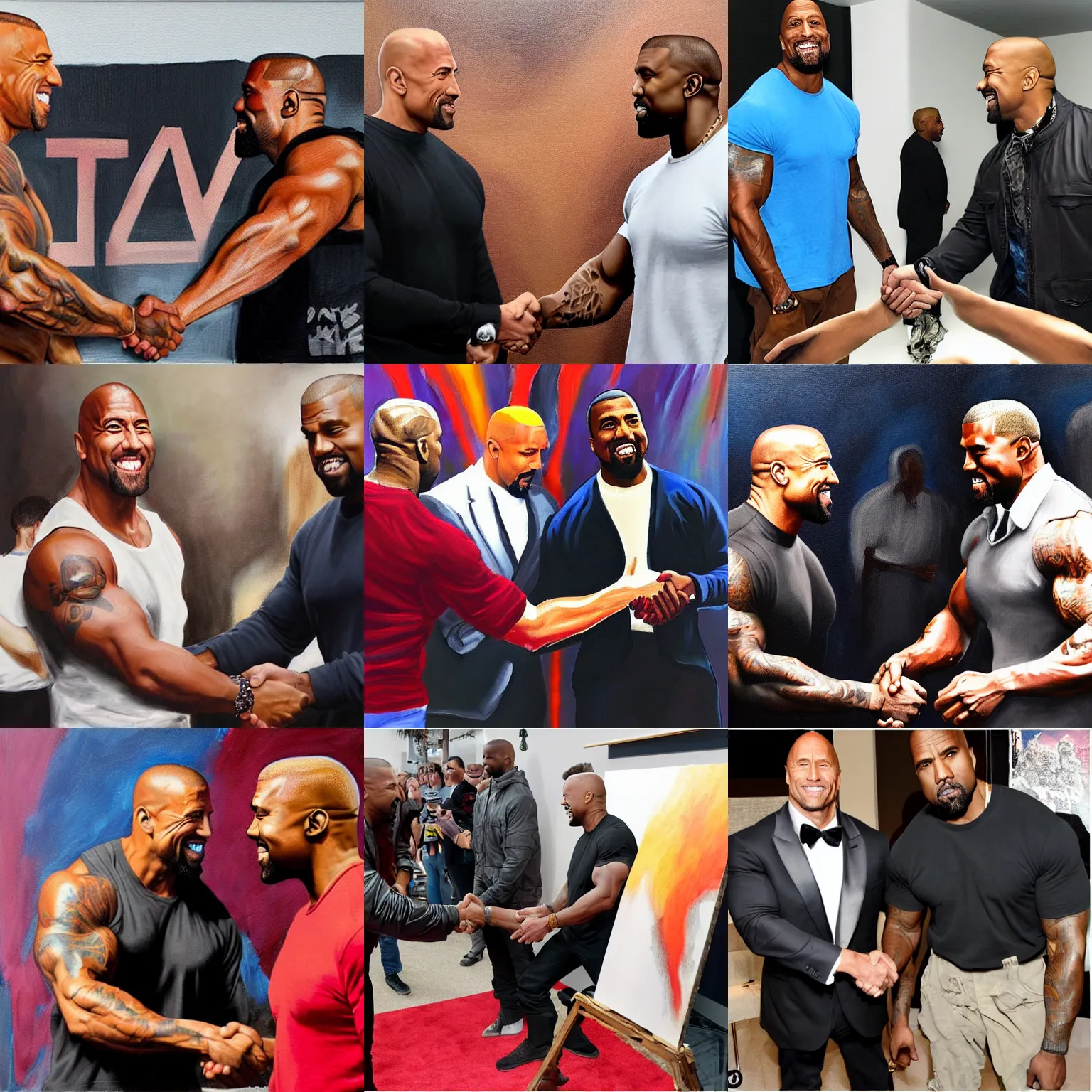 Prompt: dwayne johnson shaking hands with kanye west, painting