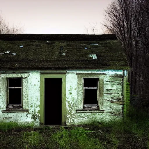 Image similar to abandoned cottage, green light emits from the windows, it is night time, dark, dark, dark