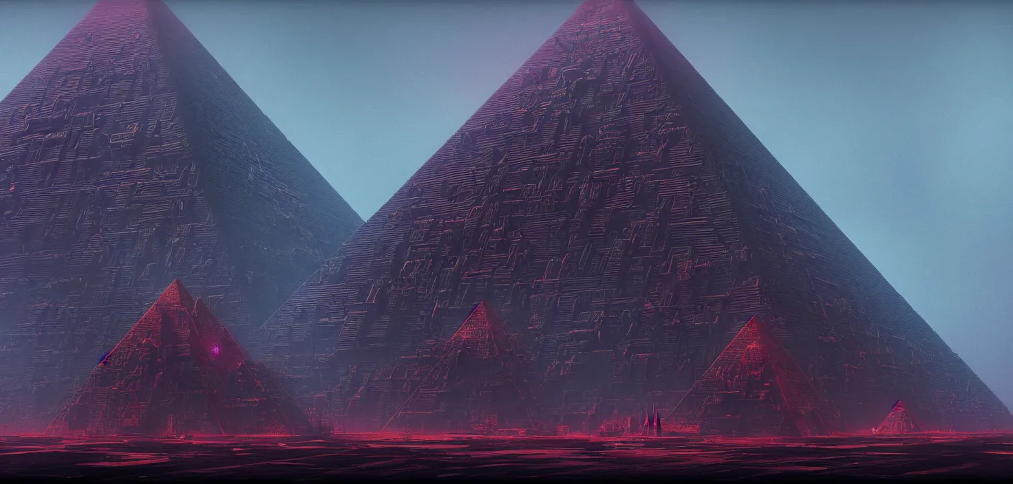 Image similar to cyberpunk egiptian pyramid overview, Zdzisław Beksiński color scheme, featured in artstation, octane render, cinematic, elegant, intricate, 8k