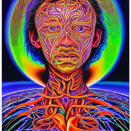 Image similar to Painting of human consciousness spilling from a vessel that is made of a holographic universal mind. By Alex Grey, Terence McKenna, and Adam Jones, Psychedelic . Part by Cameron Grey. masterpeice