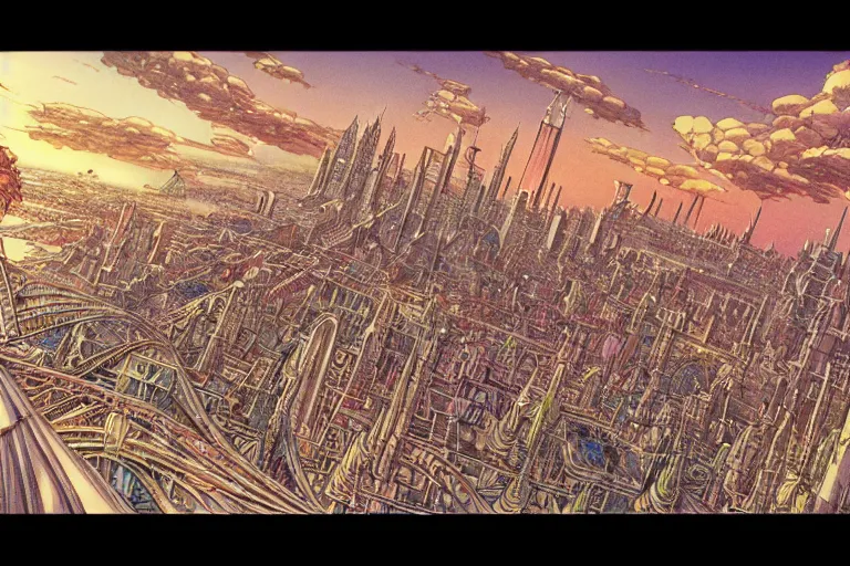 Prompt: establishing shot of a late renaissance coastal city, intricate linework, in the style of moebius, ayami kojima, 1 9 9 0's anime, retro fantasy