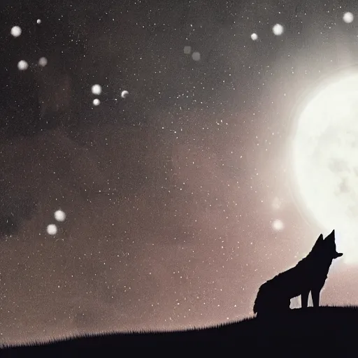 Prompt: black wolf, night, sky full of stars and a full moon, dramatic black smoke everywhere, high detail, photorealistic, movie still, in the style of ben jeffery