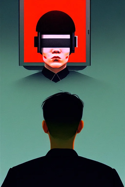 Image similar to north korean hacker wearing oculus and digital glitch head edward hopper and james gilleard zdzislaw beksisnski richard corben higly detailed