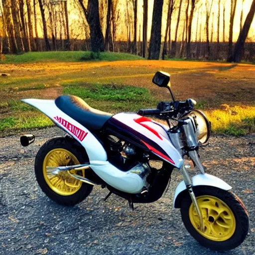 Prompt: photo of custom motorcycle meetup, golden hour, tuning, 5 0 cc, 7 5 cc, 1 2 5 cc, yoshimura exhaust, leovince, race scooter