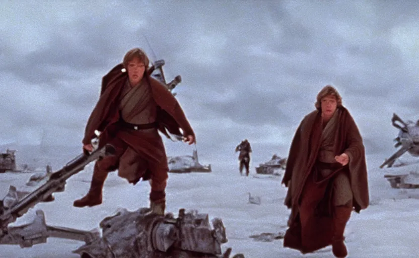 Image similar to screenshot portrait of Luke Skywalker in a windy fiery battlefield with scattered parts of destroyed AT-AT walkers, with young jedi army behind him, iconic scene from 1970s film by Stanley Kubrick, last jedi, 4k HD, cinematic lighting, beautiful portrait of Mark Hammill, moody scene, stunning cinematography, anamorphic lenses, kodak color film stock