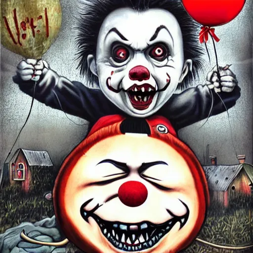 Prompt: grunge cartoon landscape painting of chucky with a wide smile and a red balloon by chris leib, loony toons style, pennywise style, horror theme, detailed, elegant, intricate