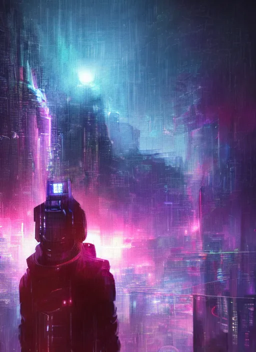 Prompt: one cyber godly person made of cosmic nebula galaxy energy watching a rainy colorful complex cyberpunk futuristic city from behind at night through a window in a room, reflections, high contrast, 8 k, photorealistic, concept art, wet, highly detailed, cinematic mood by ridley scott, ghost in the shell, trending on artstation, glowing lights, sharp focus, epic