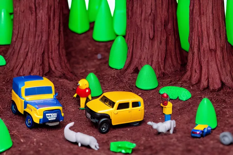 Image similar to fisher price redwood forest, california scene from tv show hyper detailed 5 5 mm 8 5 mm, toy photography, made out of plastic