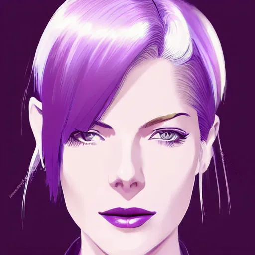 Image similar to A combination of Grace Kelly's and Katheryn Winnick's and Ashley Greene's faces with short violet hair and long winged eyelashes as Motoko Kusanagi from Ghost in The Shell, cyberpunk style, synthwave aesthetic, fantasy, intricate, elegant, highly detailed, digital painting, artstation, concept art, matte, sharp focus, illustration, half body portrait, anime style, art by Artgerm and Greg Rutkowski and Alphonse Mucha