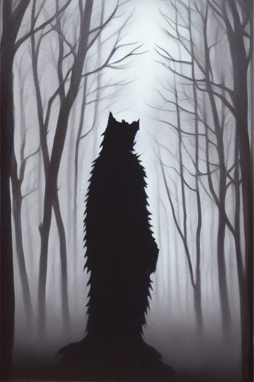 Prompt: dark and spooky woods featuring a menacing werewolf silhouette. atmospheric, foggy, oil painting on canvas. fairytale