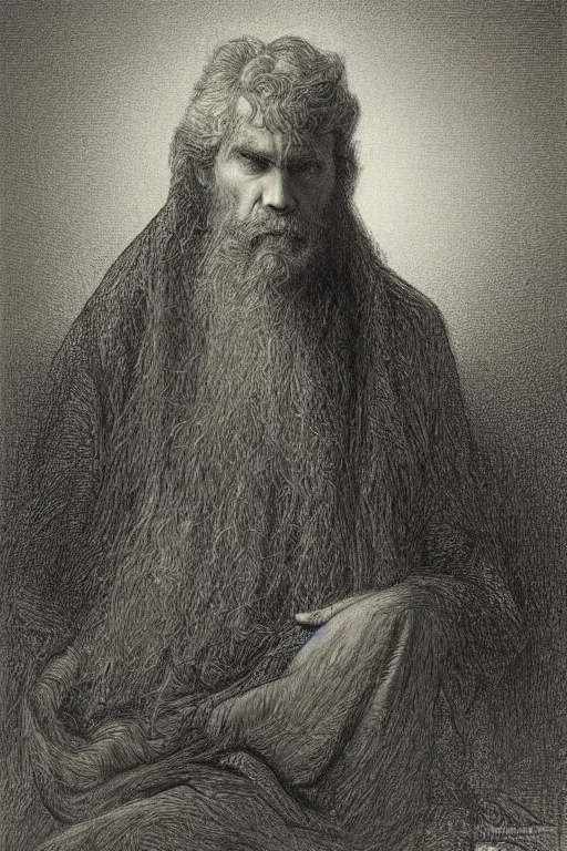 Image similar to emotional masterful portrait drawing of Vesa-Matti Loiri by Gustave Dore