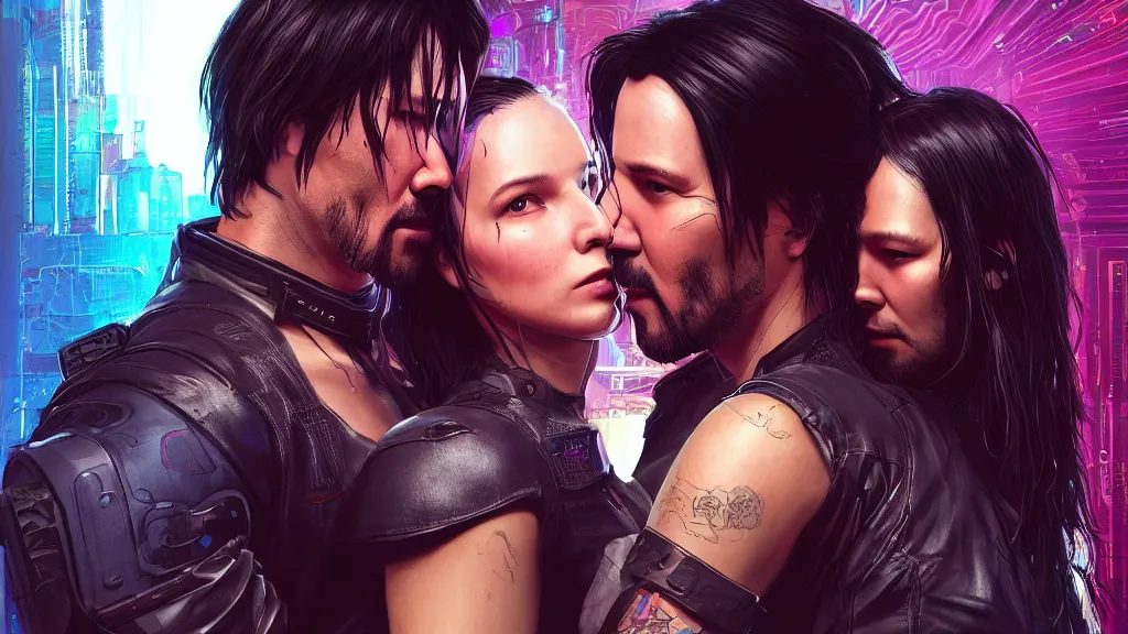 Image similar to a cyberpunk 2077 srcreenshot couple portrait of a Keanu Reeves and a female android final kiss,love,film lighting,by Laurie Greasley,Lawrence Alma-Tadema,Andrei Riabovitchev,Dan Mumford,John Wick,Speed,Replicas,artstation,deviantart,FAN ART,full of color,Digital painting,face enhance,highly detailed,8K,octane,golden ratio,cinematic lighting
