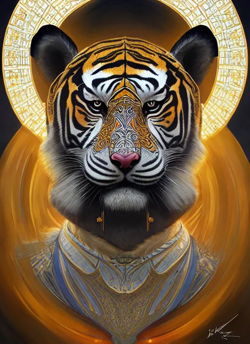 Image similar to symmetry!! portrait of a hybrid robot tiger, midsommar style, intricate, elegant, highly detailed, digital painting, artstation, concept art, smooth, sharp focus, illustration, art by artgerm and greg rutkowski and alphonse mucha, 8 k