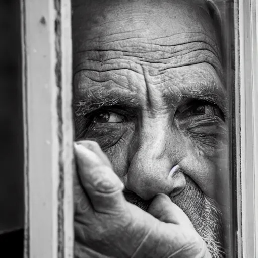 Prompt: an old man eating seen through a window