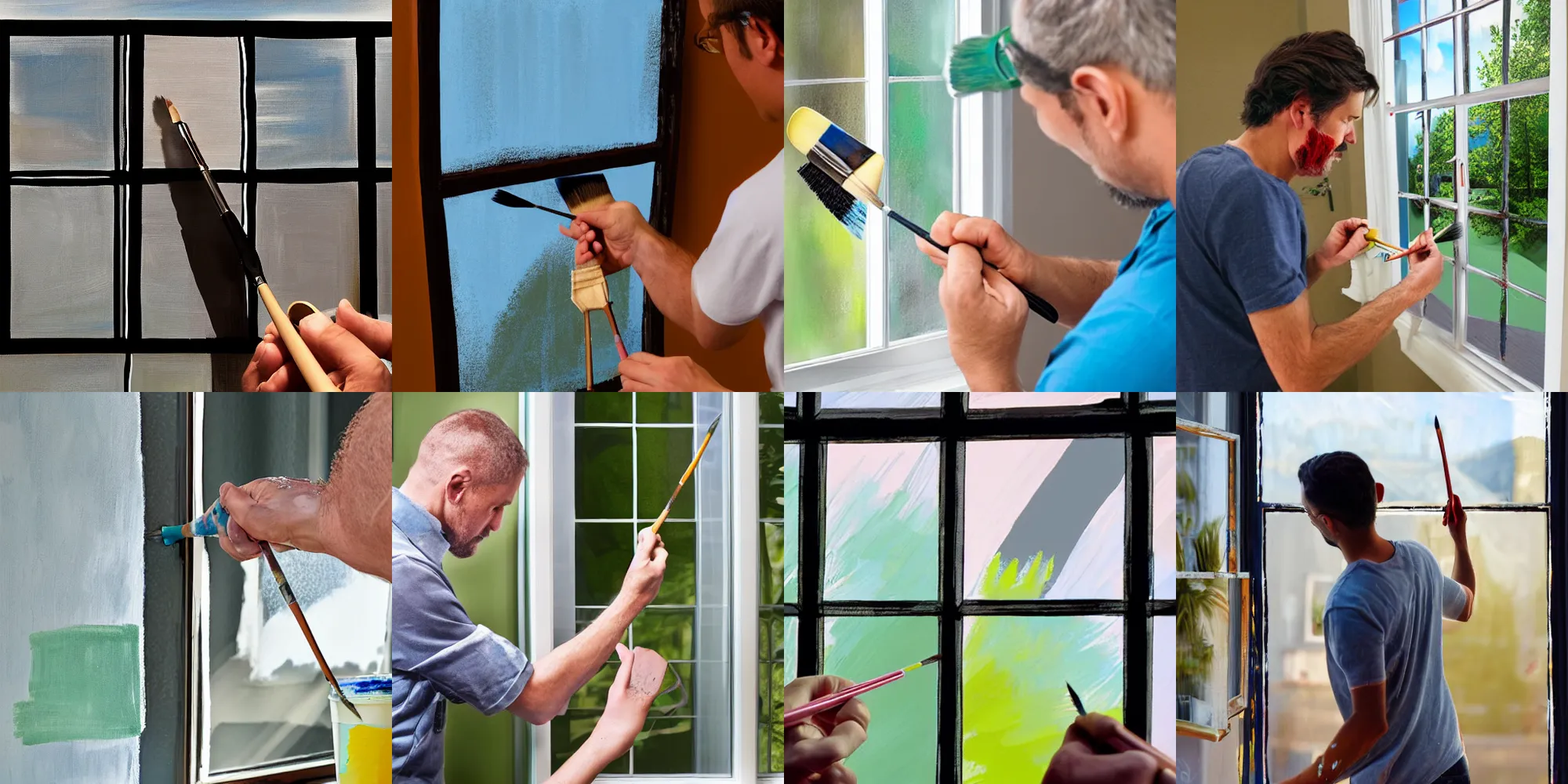 Prompt: a man using a paintbrush and ranch dressing to paint a window, photo realistic, realistic reflections