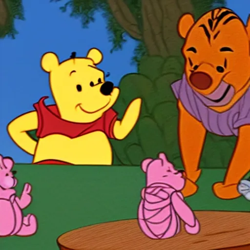 Image similar to Winnie the Pooh invites Tiger and Piglet to dine in a very fancy restaurant.