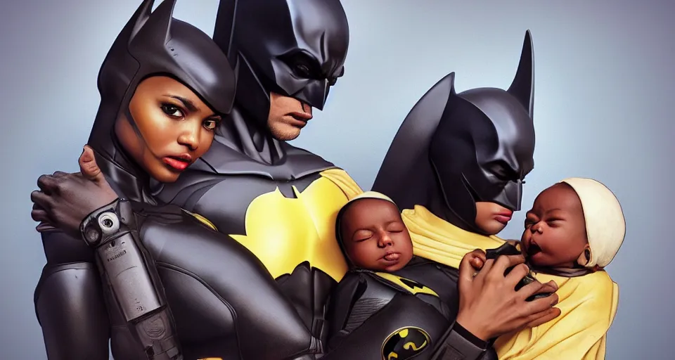 Image similar to “ a very very very very very beautiful realistic still of a stunningly beautiful melanated woman holding a newly born cyborg baby dressed as batman, devouring crayola crayons, by makoto shinkai, syd meade, starwars, space art concept, sci - fi, digital art, unreal engine, wlop, trending on artstation, 8 k uhd image, octane render ”