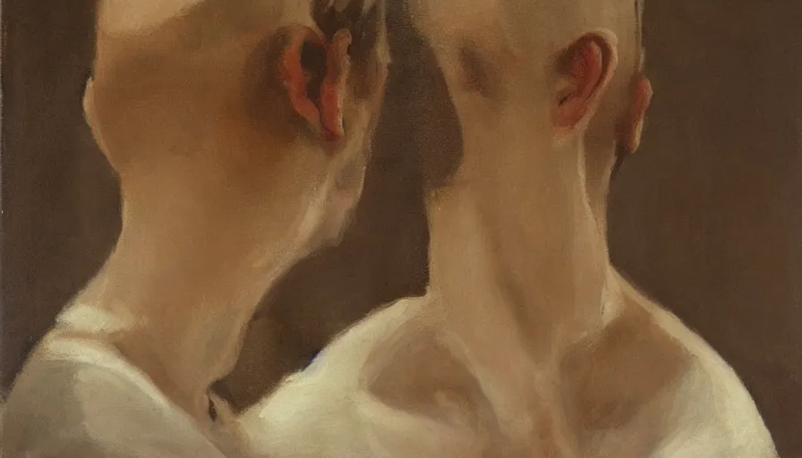 Image similar to painting by borremans, a man looks in the mirror and sees not himself, detailed, stunning