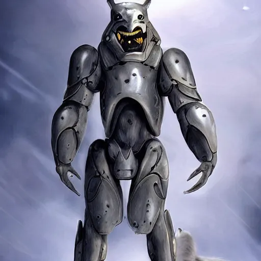 Image similar to a humanoid with cat-like features, yellow eyes, teeth that protrude past the lower lip (sort of like a saber-tooth tiger) and fine grayish fur on their faces and backs of their hands wearing futuristic alien armor and carrying weapons, octane,