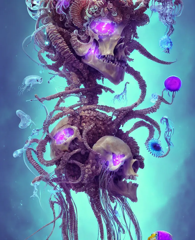 Image similar to goddess close-up portrait ram skull, thorax, x-ray, backbone, jellyfish phoenix head, nautilus, orchid, skull, betta fish, bioluminiscent creatures, intricate artwork by Tooth Wu and wlop and beeple. octane render, trending on artstation, greg rutkowski very coherent symmetrical artwork. cinematic, hyper realism, high detail, octane render, 8k