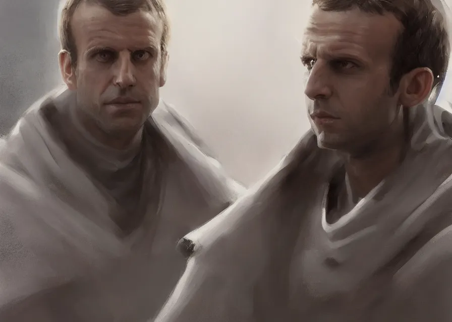 Prompt: painting portrait of Emmanuel Macron dressed as Vitiate in Star Wars, sharp focus, waist up, trending on ArtStation, masterpiece, by Greg Rutkowski, by Ross Tran, by Fenghua Zhong, octane, clear eyes, soft render, clear facial features, oil on canvas, moody lighting, cinematic, professional environment concept art