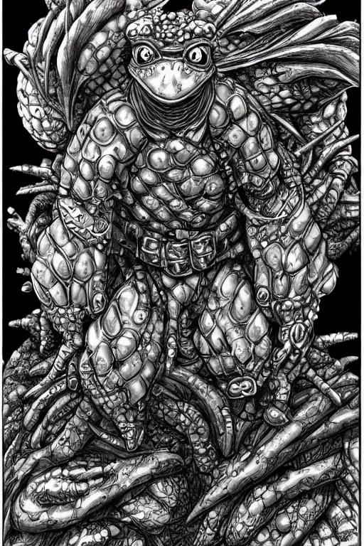 Image similar to humanoid toad warrior, tadpole themed, bog, symmetrical, highly detailed, digital art, sharp focus, trending on art station, kentaro miura manga art style