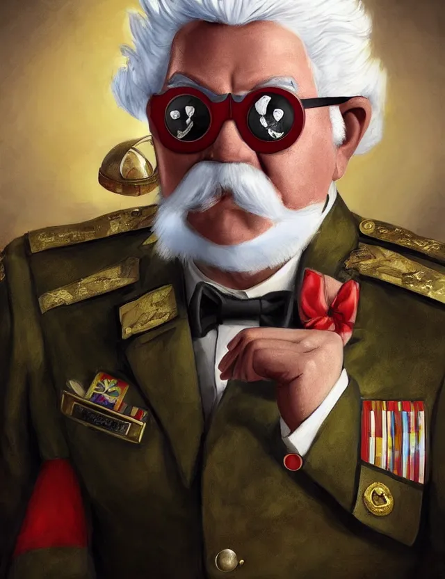 Image similar to a portrait of colonel sanders wearing a military uniform and an eyepatch, by moebius and tyler edlin and hr giger, trending on artstation, digital art, 4 k resolution, detailed, high quality, sharp focus, hq artwork, coherent, insane detail, concept art