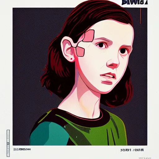 Image similar to Millie Bobby Brown profile photo as 11 by Sachin Teng , dark vibes, Organic Painting , Matte Painting, geometric shapes, hard edges, graffiti, street art:2 by Pixar (2009):4