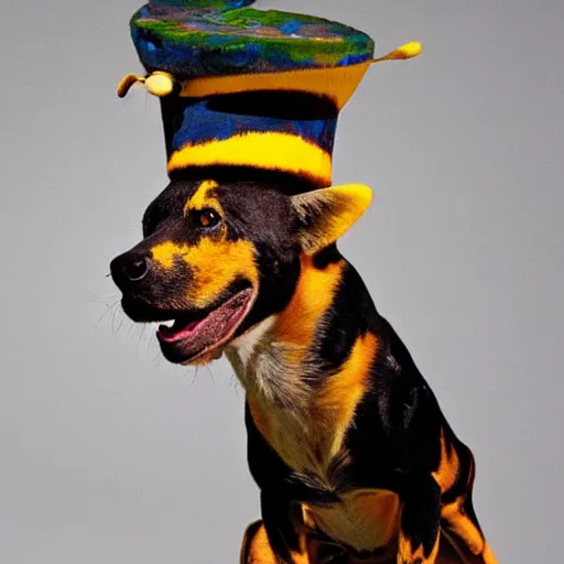 Image similar to A photo of the world's greatest showman: the african painted dog dressed in a hat!