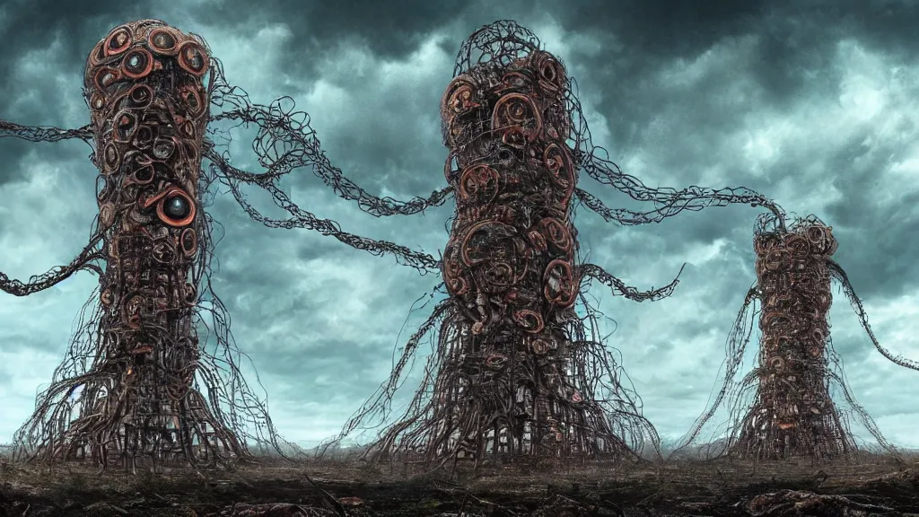 Prompt: giant bio-organic fleshy complex machine tower! with tendrils!! and one eyeball!!! at the top looking over a stormy post-apocalyptic wasteland, dystopian art, with art direction by Salvador Dalí, wide lens