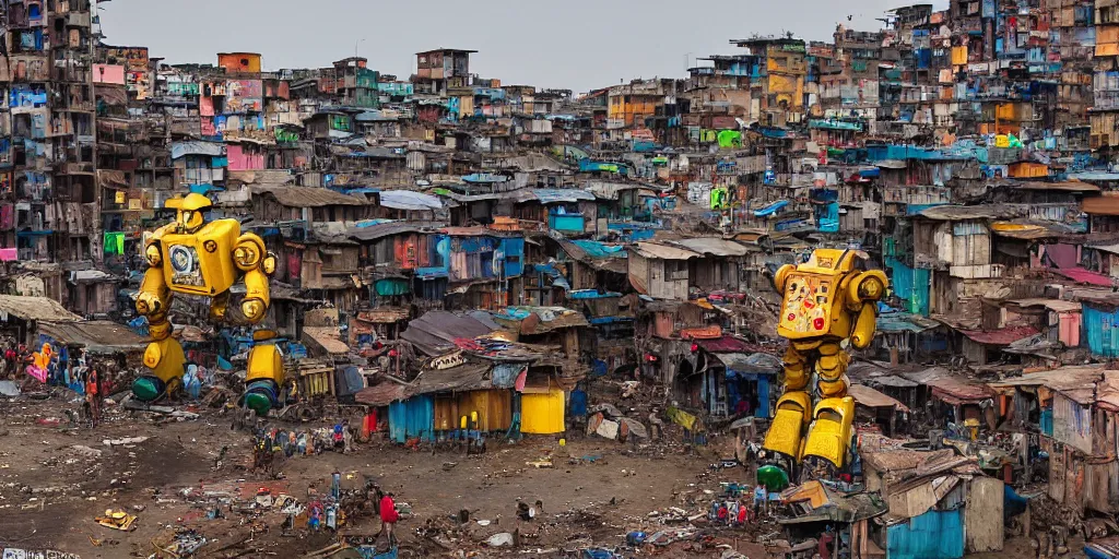 Prompt: colourful - damaged - giant mecha ROBOT of AJEGUNLE SLUMS of Lagos, markings on robot, Golden Hour,