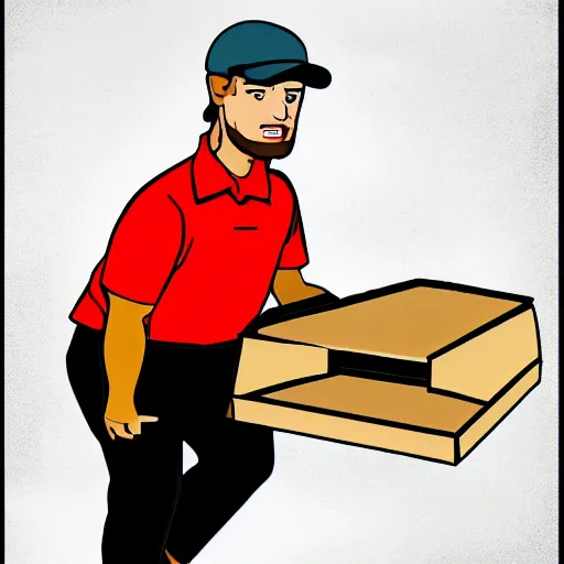 Prompt: a man delivering pizza by huskmitnavn