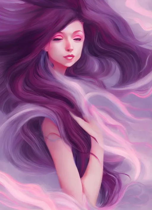 Prompt: digital painting, full body portrait, dynamic poses, anime face, joyful, woman, pink and grey clouds, glowing flowing hair, by lois van baarle, by loish, trending on artstatio