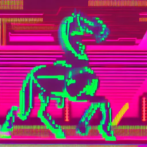 Image similar to A synthwave horse inspired by Tron. Trending on Artstation. Digital screenshot. Faded film grain. 1980s Computer Graphics