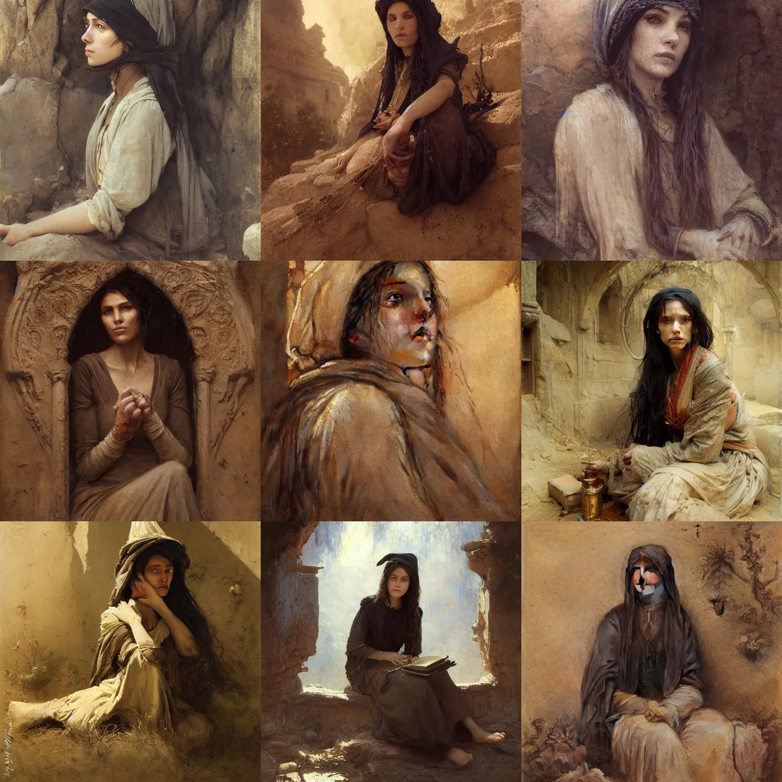 Prompt: orientalism portrait of a witch sitting in a sandstone ruin by theodore ralli and jules bastien - lepage and and bastien lecouffe deharme, masterful intricate artwork, excellent lighting, high detail 8 k