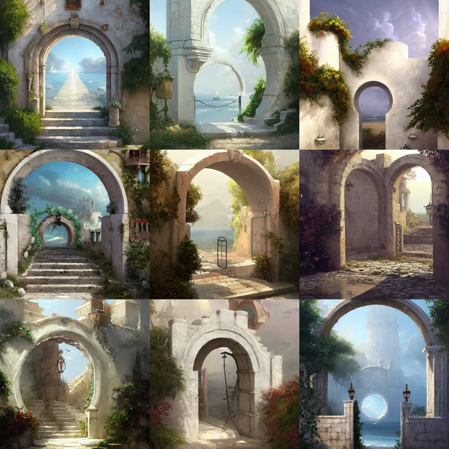 Prompt: circular gate in a white wall that leads to a broken floating landscape. mediterranean village. fantastical, elaborate, awe, high detailed digital art trending in artstation. artist greg rutkowski