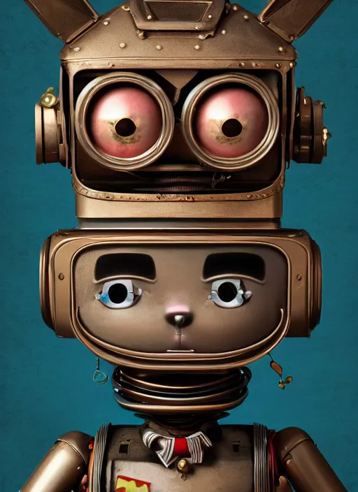 Image similar to closeup portrait of tin toy robot kitty trap, depth of field, zeiss lens, detailed, symmetrical, centered, fashion photoshoot, by nicoletta ceccoli, mark ryden, lostfish, breathtaking, 8 k resolution, extremely detailed, beautiful, establishing shot, artistic, hyperrealistic, octane render