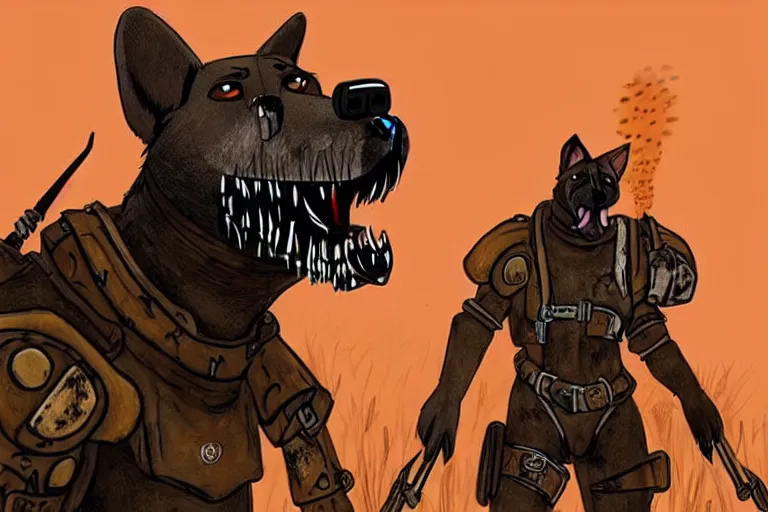 Prompt: a good ol'hound dog fursona ( from the furry fandom ), heavily armed and armored facing down armageddon in a dark and gritty version from the makers of mad max : fury road. witness me.