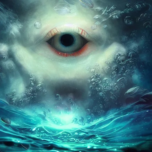 Prompt: beautifully stunning eye submerged in the depths of the ocean, james jean, brian froud, ross tran, ultra detailed, atmospheric, epic composition, coral reef, cinematic, unreal engine, flares, particles, volumetric light