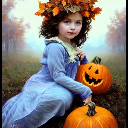 Image similar to a cute little girl with light brown wavy curly hair and blue eyes sitting amidst piles of pumpkins. beautiful cute highly detailed face. she is wearing a crown of autumn leaves. autumn and fall and halloween themed painting by artgerm and greg rutkowski and alphonse mucha.