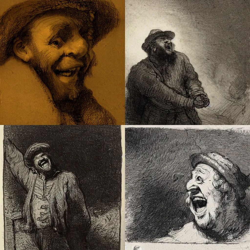 Prompt: a happy, peasant man, from the 19th century, is laughing in the middle of a thunder storm, sketch by Rembrandt