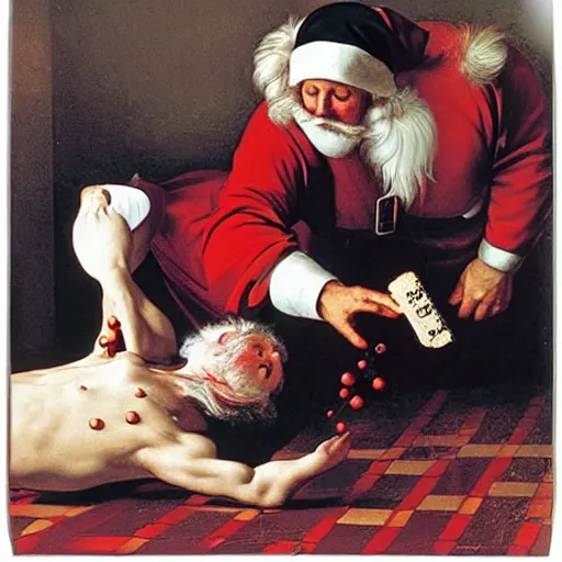 Image similar to Father Christmas playing Twister. Painted by Caravaggio
