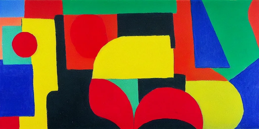 Prompt: minimalist painting of bold coloured shapes, matte, in style of Kazimir Malevich