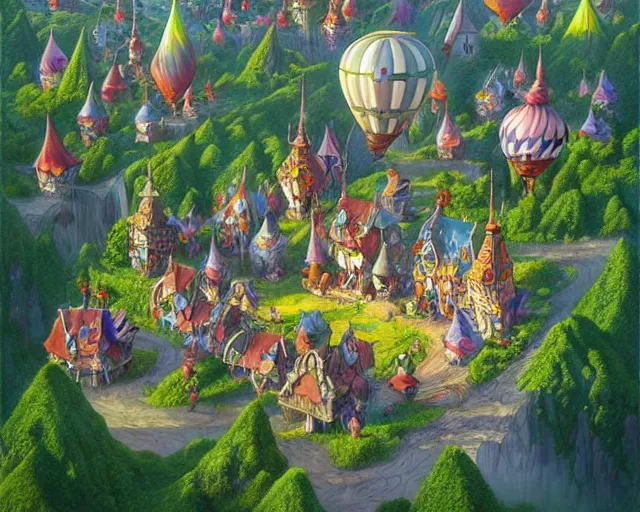 Image similar to fantasy clown village next to a balloon forest, aerial view, deep focus, d & d, fantasy, intricate, elegant, highly detailed, digital painting, artstation, concept art, matte, sharp focus, illustration, hearthstone, art by artgerm and greg rutkowski and laura sava and alphonse mucha