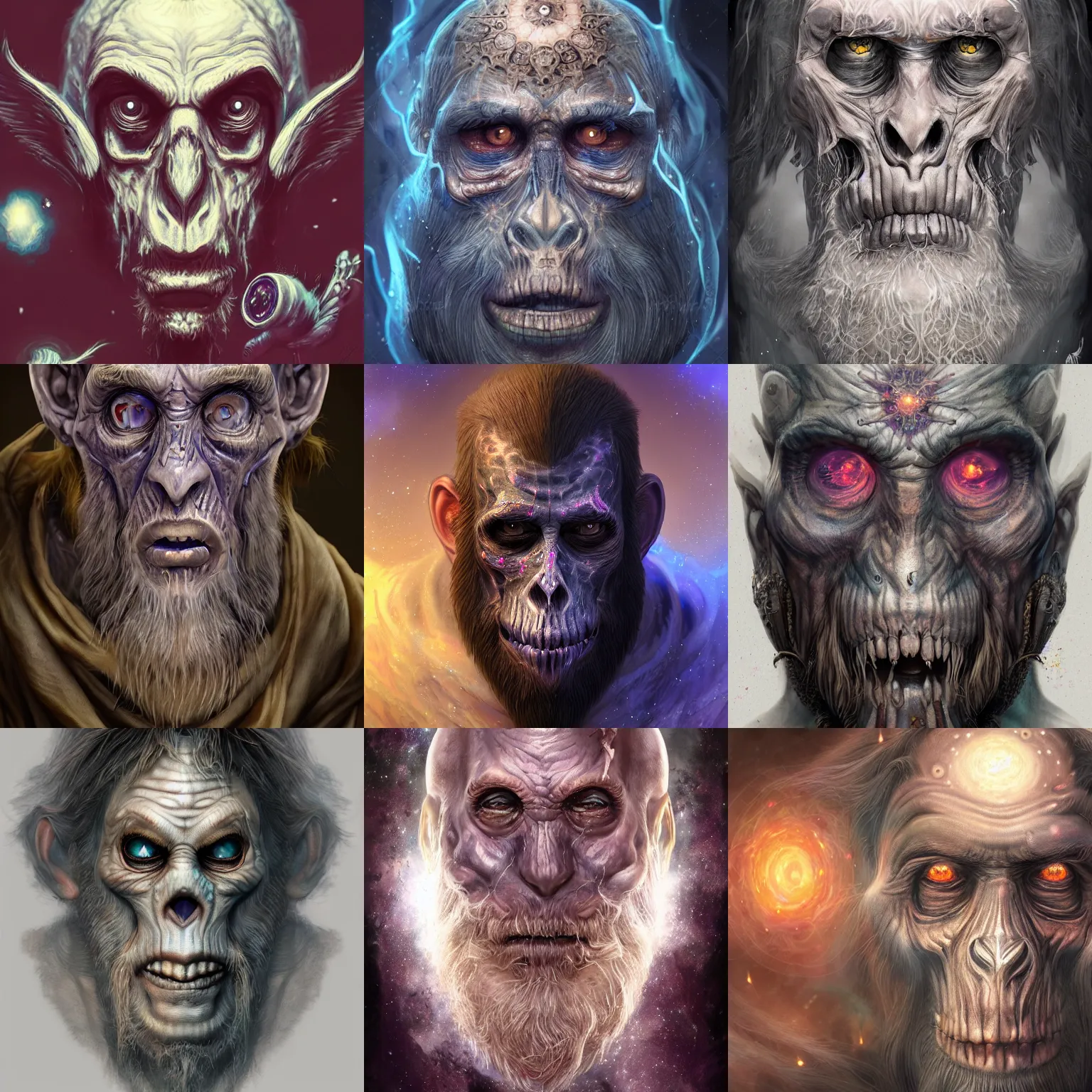 Image similar to a wlop 3 d render of very very very very highly detailed beautiful mystic portrait of a phantom undead mage ape with whirling galaxy around, tattoos by anton pieck, intricate, extremely detailed, digital painting, artstation, concept art, smooth, sharp focus, illustration, intimidating lighting, incredible art,