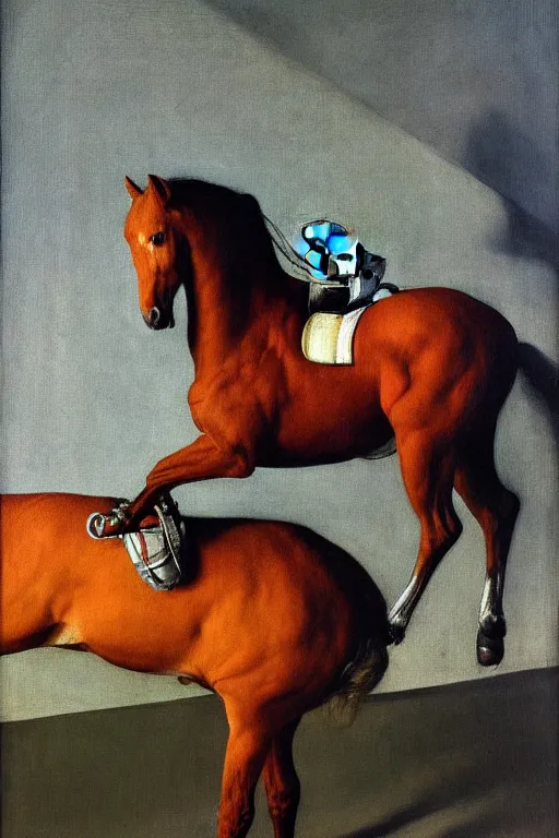 Image similar to a horse stands on the back of a horse c with head astronaut, hauntingly surreal, highly detailed painting by francis bacon, edward hopper, adrian ghenie, gerhard richter, and james jean soft light 4 k,