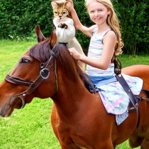 Image similar to A pretty girl riding a pony with her cat