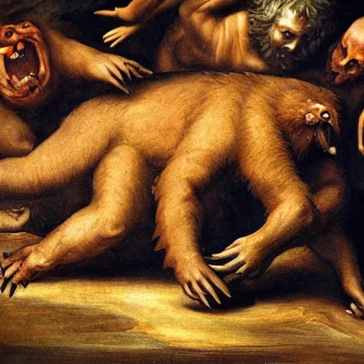 Image similar to demonic bear crawling out of the pits of hell, renaissance painting