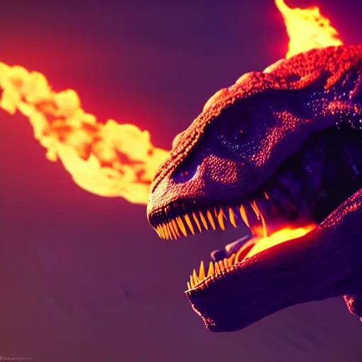 Prompt: an alien t-rex bursting out flames from its mouth in an unknown planet, octane render, bokeh, coherent, 3D